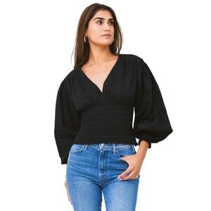 FRAME V-Neck Smocked Top in Black Size XS